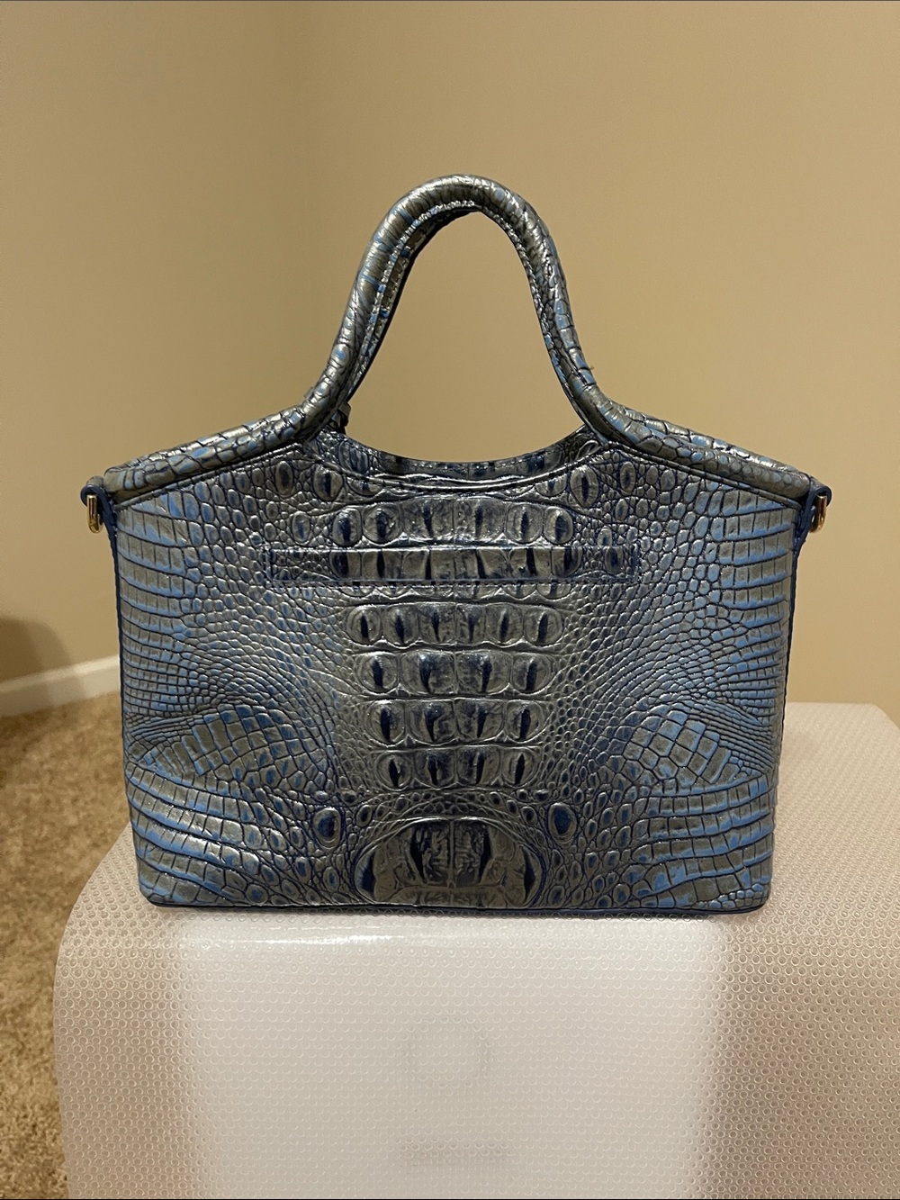 Brahmin Blue Croc-Embossed Satchel with Gold Charm - Picture 2 of 5
